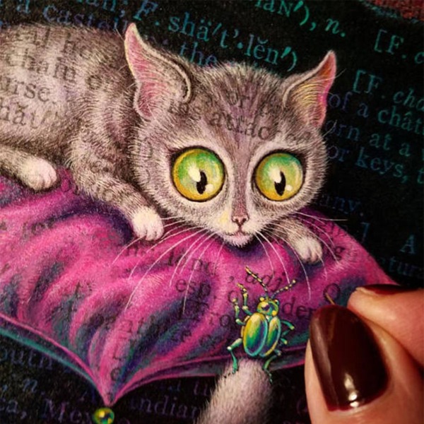 Cat eyes painting, Chatoyant: Grey tabby cat with glowing green eyes,